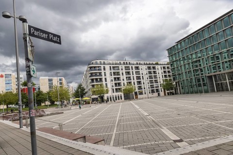 Pariser Platz. Modern architecture in the European quarter. The square heats up very much in summer