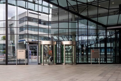 Landesbank Baden-Württemberg, LBBW. Exterior view with glass façade. Europaviertel Stuttgart,