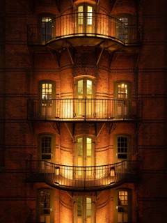 Hamburg warehouse district with evening lighting, Hamburg, Germany