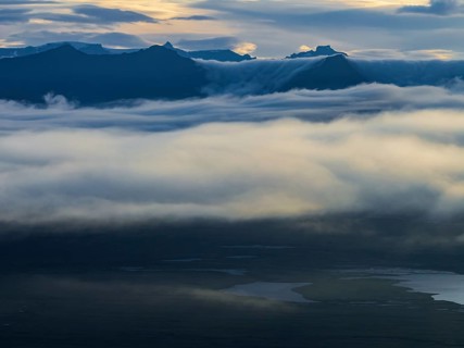 Fog, clouds, morning mood, mountains, aerial view, summer, Höfn, Iceland