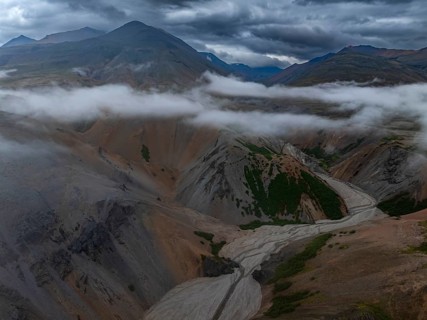River, river course, river delta, mountains, clouds, canyon, gorge, summer, aerial view, Hvannagil,