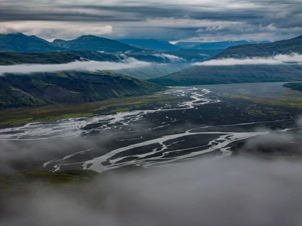 River, river course, river delta, mountains, clouds, summer, aerial view, Hvannagil, south-east