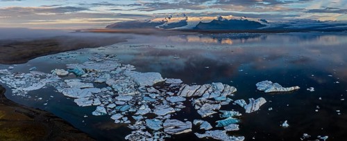 Ice floes, glacier, glacier tongue, fog, clouds, morning mood, mountains, panorama, reflection,