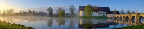 Morning atmosphere, fog at Fischhof, with historic Fischhof bridge, Tirschenreuth, Upper