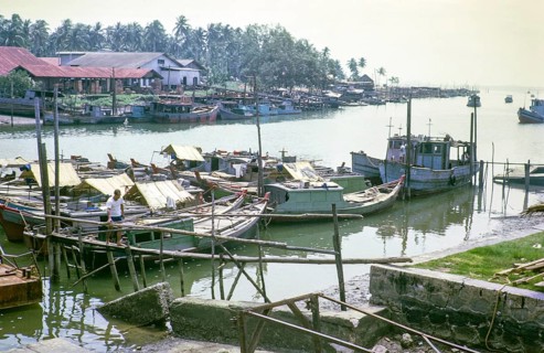 Boast moored on River merging at its mouth, East coast, Mersing, Johor, Malaya, Malaysia, south