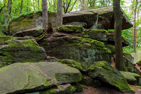 Boulders in the forest, red sandstone, sea of rocks, Kalmit, Maikammer, Pfläzerwald,