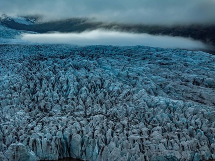 Glacier, glacier tongue, summer, evening mood, clouds, aerial view, Fjallsjökull, Vatnajökull