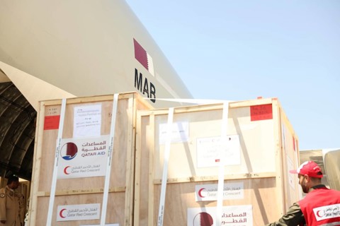 A Qatari plane carrying humanitarian and medical aid arrives at Damascus International Airport as