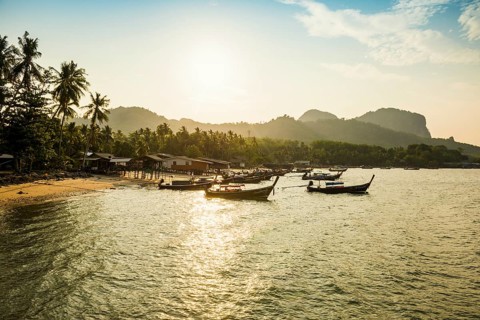 Fishing huts on the beach, sunset, Koh Mook, Trang province, southern Thailand, Andaman Sea,