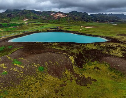 Lake, crater lake, mountains, cloudy, turquoise, volcanic landscape, hot springs, aerial view,