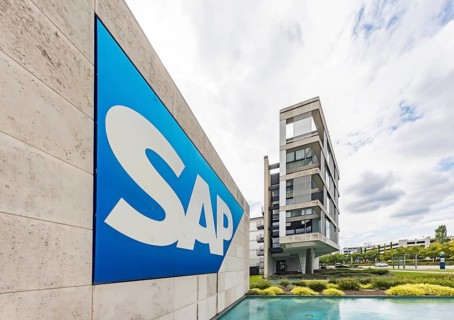 Logo and building of the software company SAP SE. Walldorf, Baden-Württemberg, Germany