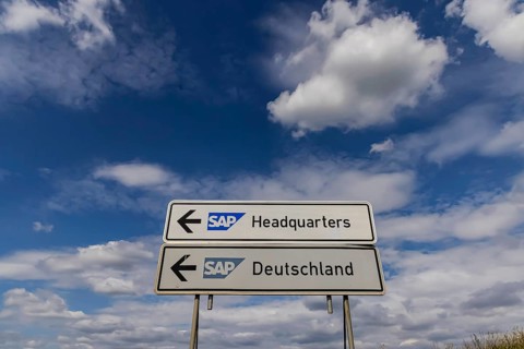 SAP Headquarters and SAP Germany. Traffic sign in Walldorf near the headquarters of the SAP