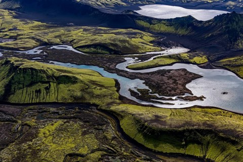 Lakes, river, mountains, mountain landscape, aerial view, sunny, summer, backlight, Langisjör,