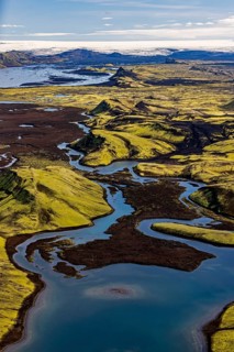 Lakes, river, mountains, mountain landscape, aerial view, sunny, summer, Langisjör, behind