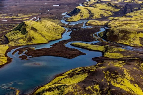 Lakes, river, mountains, mountain landscape, aerial view, sunny, summer, Langisjör, Icelandic