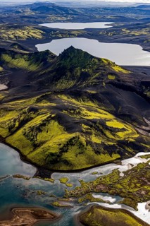 Lakes, river, mountains, mountain landscape, aerial view, sunny, summer, backlight, Langisjör,
