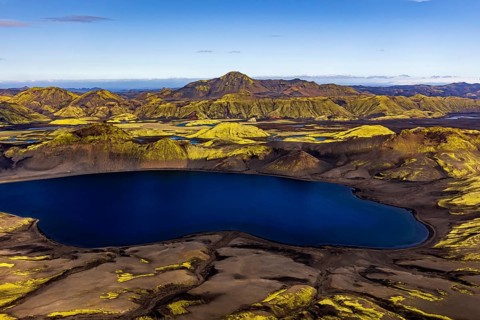 Lake, mountains, mountain landscape, aerial view, sunny, summer, Langisjör, Icelandic Highlands,