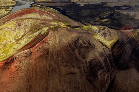 Crater, volcanic crater, aerial view, sunny, summer, Icelandic Highlands, Iceland