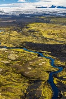 River, mountains, glacier, aerial view, sunny, summer, Icelandic Highlands, Vatnajökull, Iceland