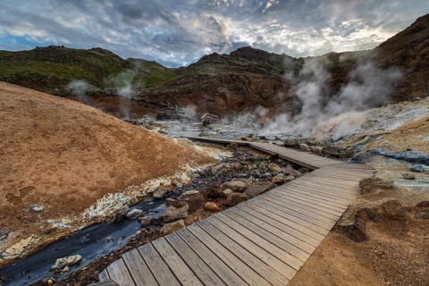 Hot springs, geothermal field, cloudy, evening mood, backlight, summer, Krysuvik, Reykjanes