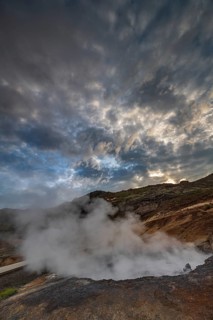 Hot springs, geothermal field, cloudy, evening mood, backlight, summer, Krysuvik, Reykjanes