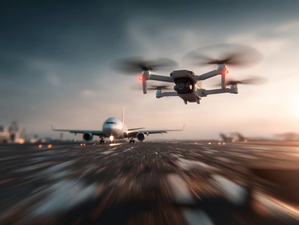 Ein Quadrocopter, Drohne, droht mit einem startenden Verkehrsflugzeug zu kollidieren, während ein
