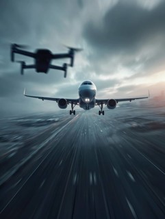 Ein Quadrocopter, Drohne, droht mit einem startenden Verkehrsflugzeug zu kollidieren, während ein