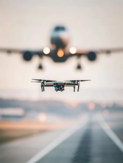 Ein Quadrocopter, Drohne, droht mit einem landenden Verkehrsflugzeug zu kollidieren, während ein