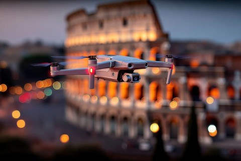 Ein Fernpilot steuert sein Quadrocopter, Drohne illegal über dichtbesiedeltes Stadtgebiet an einem