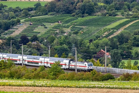 Enztal bridge with InterCity. Double-track railway overpass of the high-speed line from Mannheim to