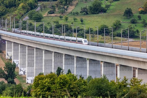 Enztal bridge with ICE. Double-track railway overpass of the high-speed line from Mannheim to