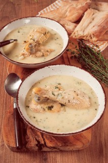 Chikhirtma chicken soup, Georgian dish, with lavash, top view, no people
