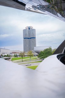 Modern building construction with characteristic design and surrounding landscape, BMW Welt,