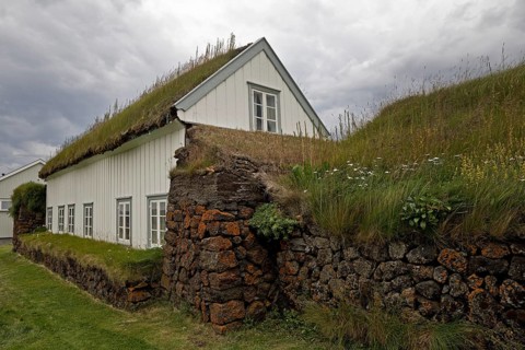 Grass sod house settlement Grenjadarstadur with church, Thingeyjarsveit municipality, North