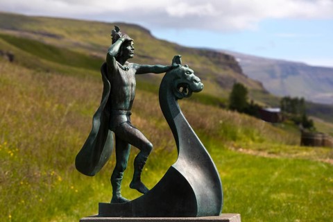 Statue of Leifur Eiríksson, the discoverer of America, who was born here, Eiríksstadir Museum,