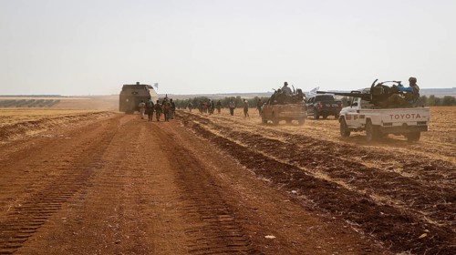 Vehicles and heavy weapons used by Syrian opposition fighters in combat against ISIS. Aleppo, Syria