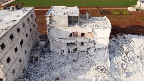 An aerial view shows the destruction of homes caused by the powerful earthquake that struck Turkey