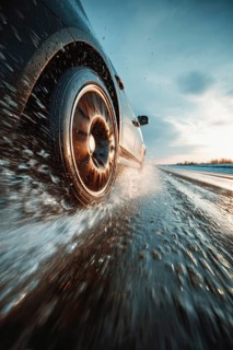 Car drives fast on a wet road, motorway, motorway and generates splash water, risk of accident due