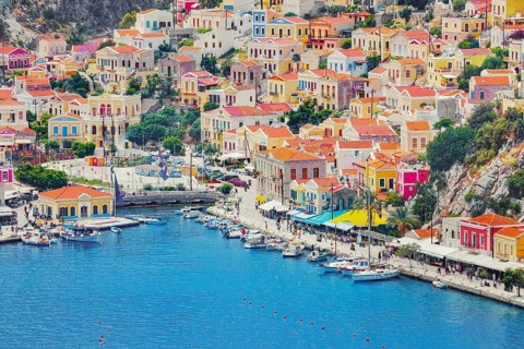 Gialos Harbour, high angle view, Symi Island, Dodecanese Islands, Greece