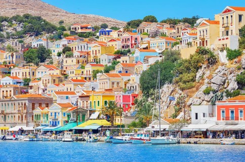 View of Gialos Harbour, Gialos, Symi Island, Dodecanese Islands, Greece