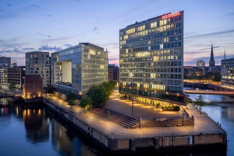 Aerial view of the Spiegel building at Ericusspitze in Hamburg's HafenCity in the Brooktorkai