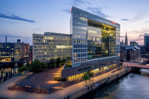Aerial view of the Spiegel building at Ericusspitze in Hamburg's HafenCity in the Brooktorkai