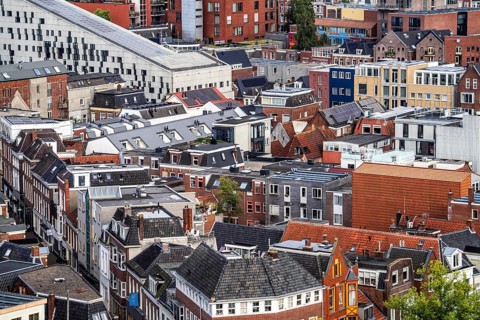 Groningen city centre, on Damsterplein, residential and commercial building, Netherlands