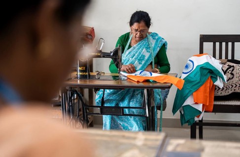 Employees of the Assam Khadi and Village Industries Board stitching in a manufacturing unit of