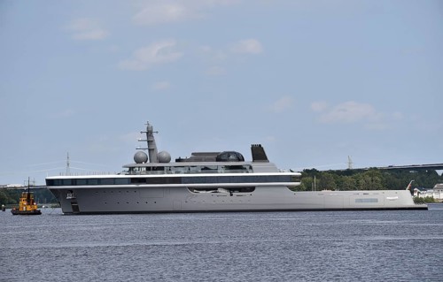 The new superyacht COSMOS leaves the Lürssen shipyard near Rendsburg for the Kiel Canal, Kielkanal,