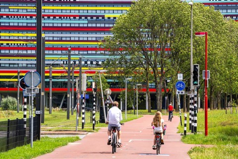 Cycle path through the university campus in Utrecht Science Park, Utrecht University, colourful