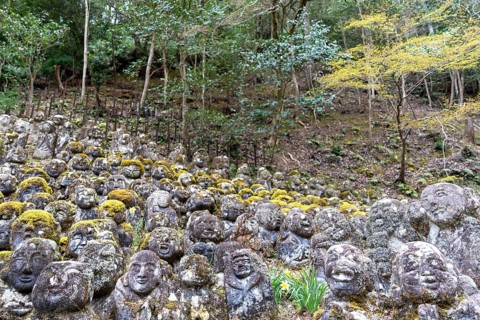 Rakan statues at Otagi Nenbutsuji Temple, stone, moss-covered, forest in the background, Ukyo-ku,