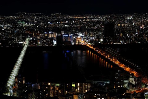 Osaka skyline at night, river, bridges, Kita-ku, Osaka, Osaka Prefecture, Japan