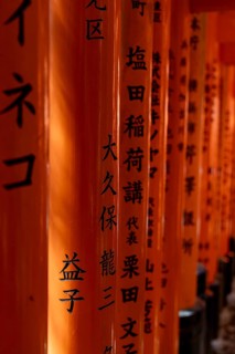 Inscriptions on columns of torii arches, Fushimi-ku, Kyoto, Kyoto Prefecture, Japan