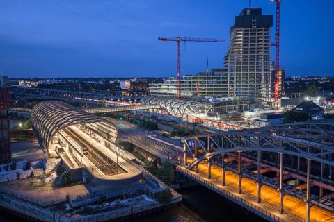 Blue hour aerial view of the Hamburg Elbbrücken U4 underground and suburban railway station and the